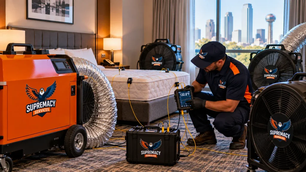 Supremacy Services technician monitoring professional bed bug heat treatment equipment in a Dallas hotel room