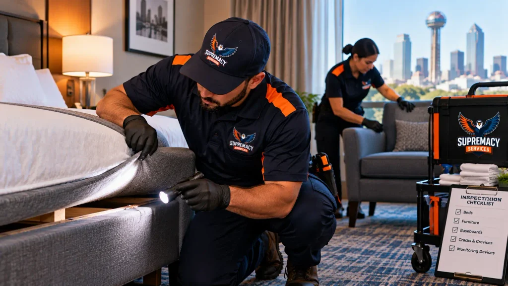 Supremacy Services technicians inspecting beds and furniture for bed bugs during a commercial follow-up visit