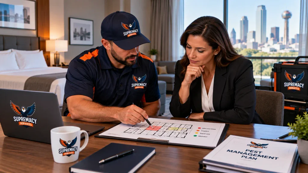 Supremacy Services technician reviewing a commercial bed bug treatment plan with a property manager