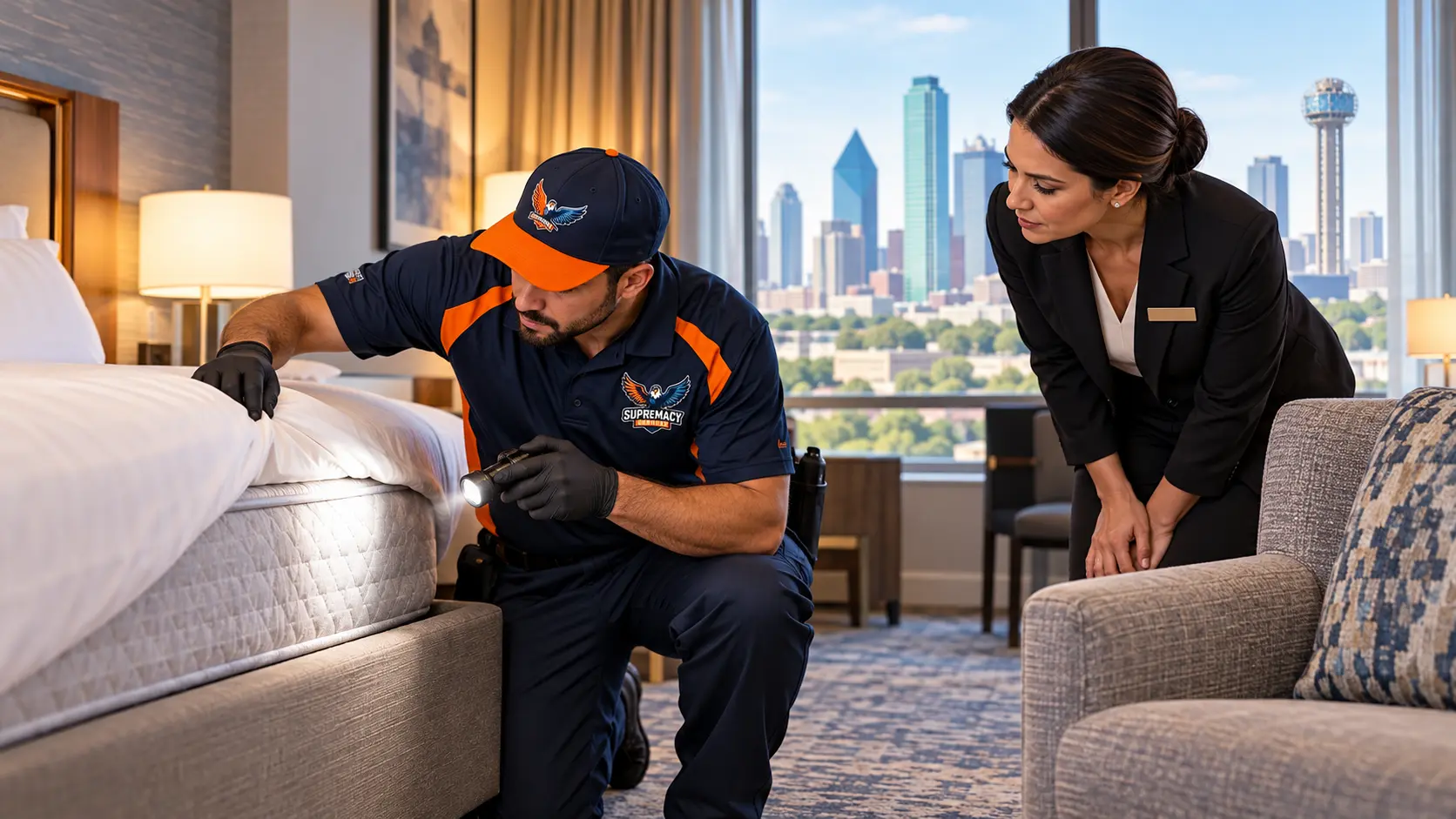 Supremacy Services technician inspecting a Dallas hotel room for bed bug activity with a property manager
