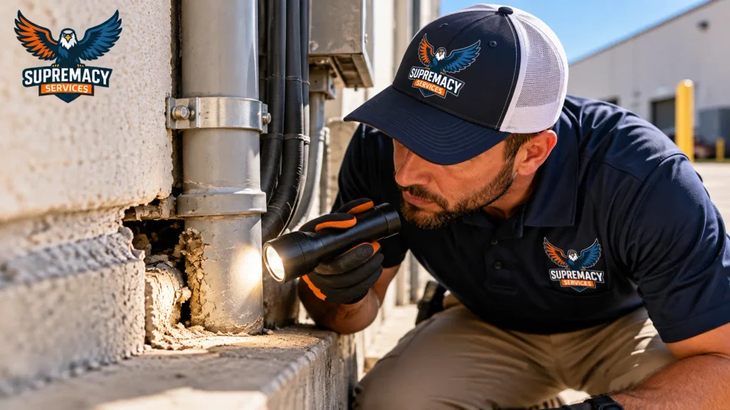 Technician inspecting a gap around pipes and utility penetrations on a commercial building