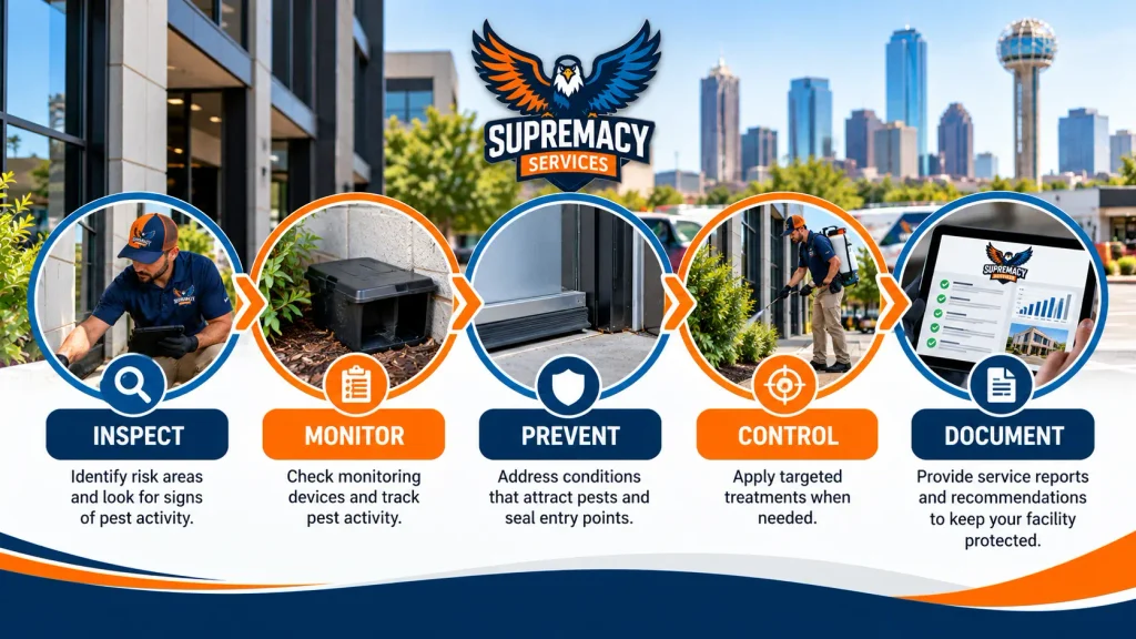 Commercial pest management process showing inspection, monitoring, prevention, targeted control, and documentation
