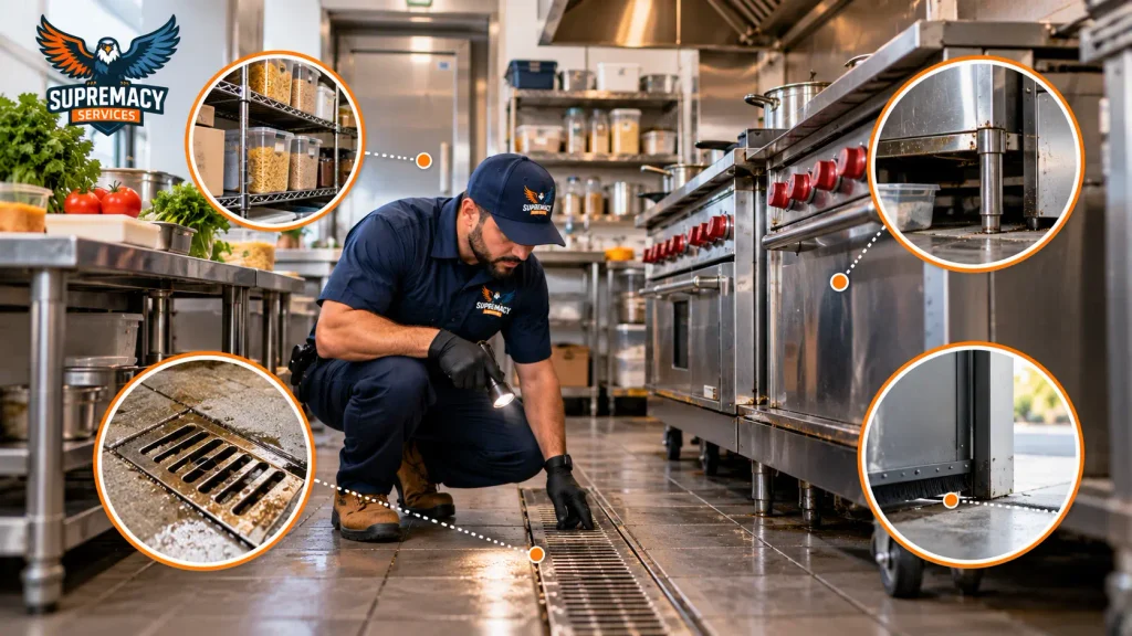 Commercial kitchen pest inspection highlighting drains, food storage, equipment gaps and door seals