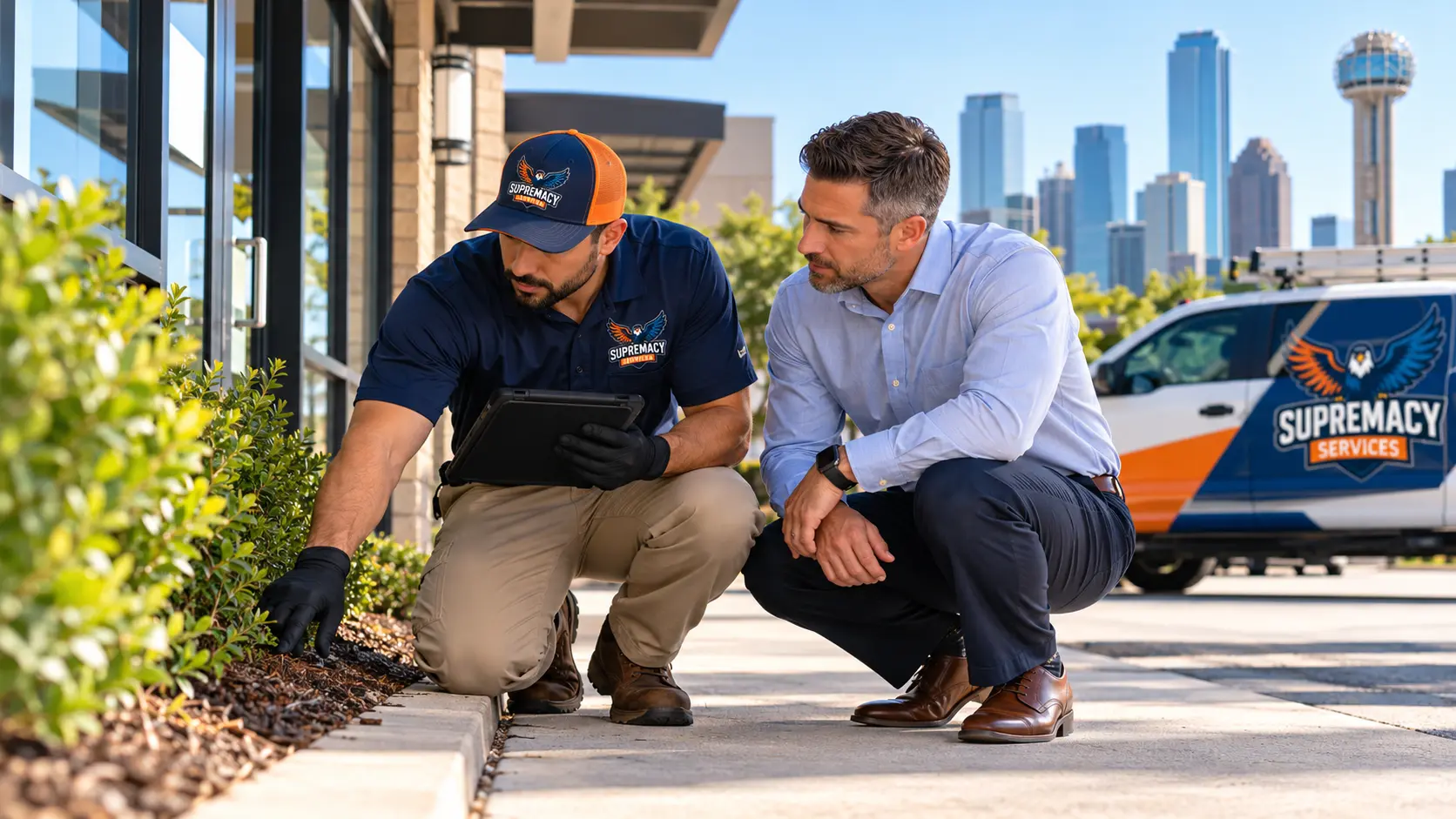 Supremacy Services technician inspecting the exterior of a Dallas commercial property with a facility manager