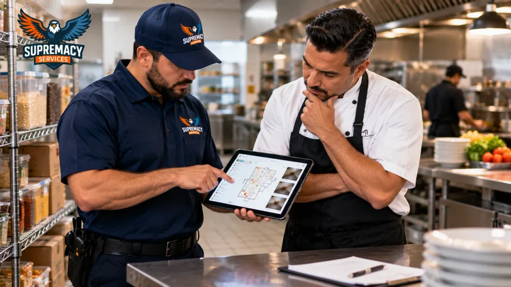 Supremacy Services technician reviewing pest-monitoring results with a restaurant manager on a tablet