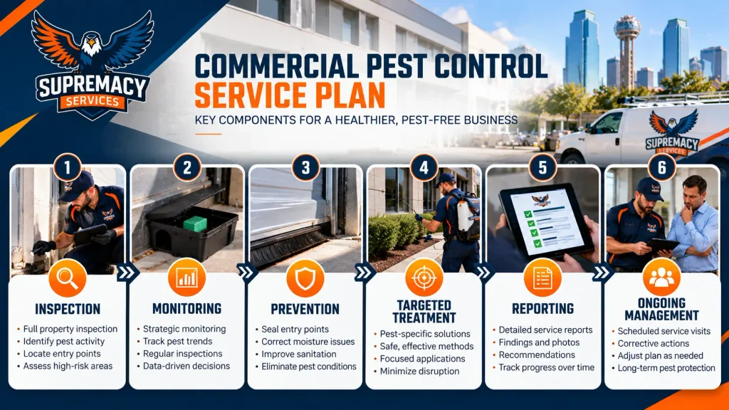 Commercial pest-control plan showing inspection, monitoring, prevention, treatment, reporting and ongoing management