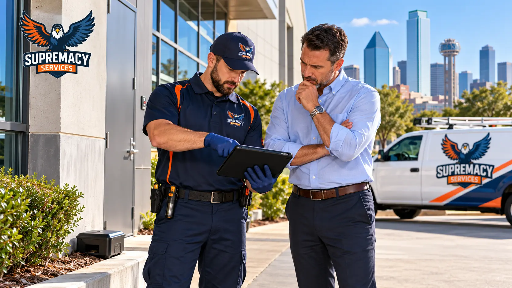 Supremacy Services technician reviewing a commercial pest control plan with a facility manager in Dallas