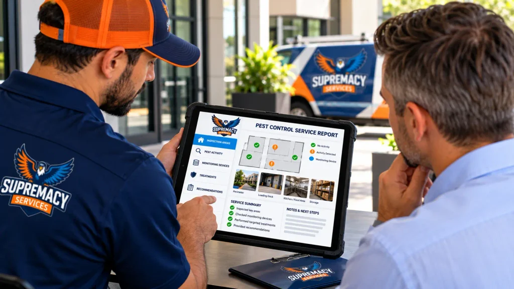 Supremacy Services technician reviewing a commercial pest control inspection report with a facility manager