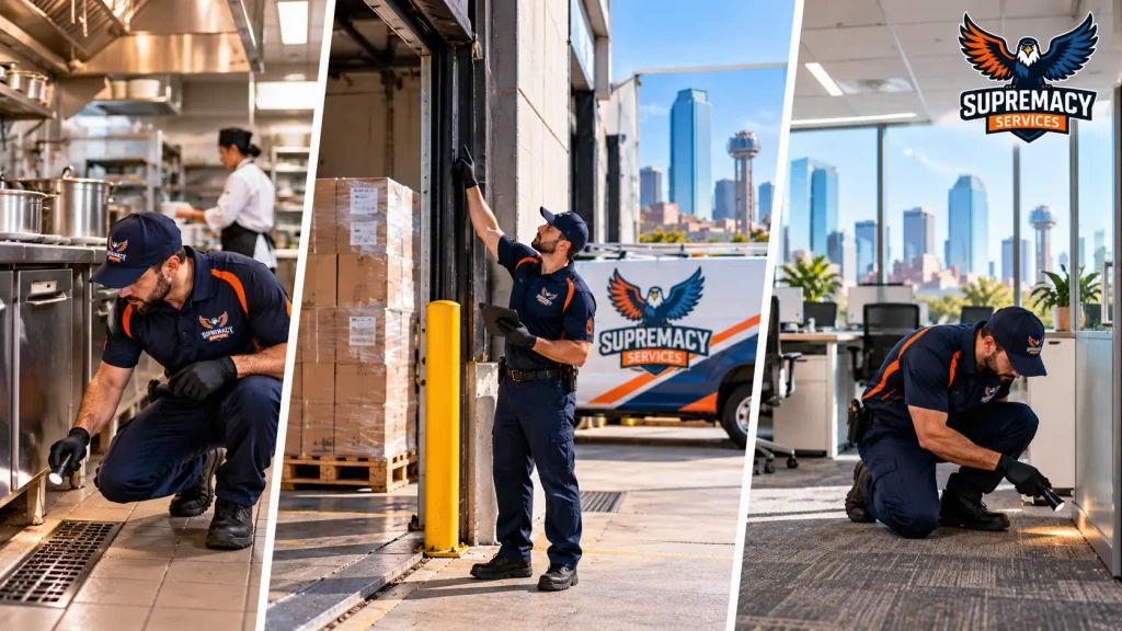 Pest-control inspections shown in a restaurant, warehouse and office environment