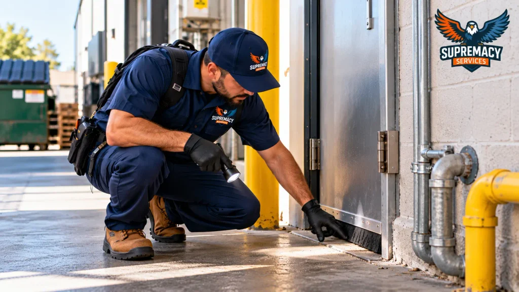 Pest-control technician checking a commercial door sweep and utility openings for insect and rodent entry points