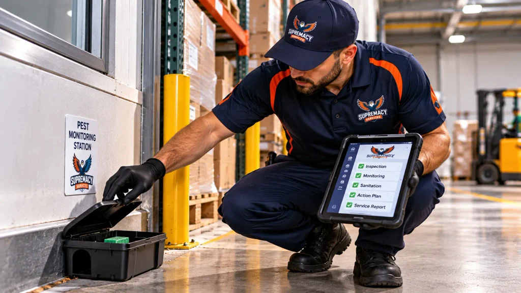 Commercial pest-control technician checking a monitoring station inside a warehouse