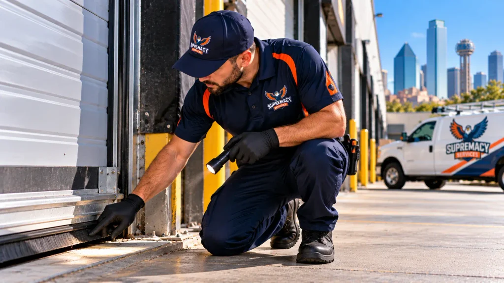 Technician inspecting and sealing a commercial loading-door gap to prevent pest entry