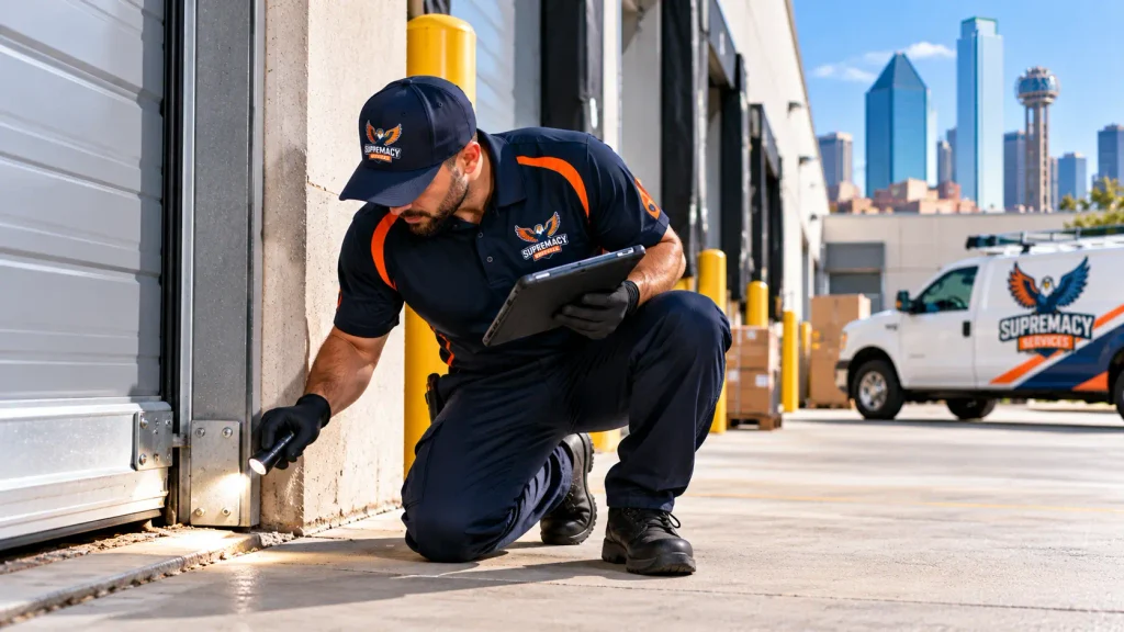 Pest-control technician inspecting a warehouse loading-door gap for pest entry points in Dallas-Fort Worth