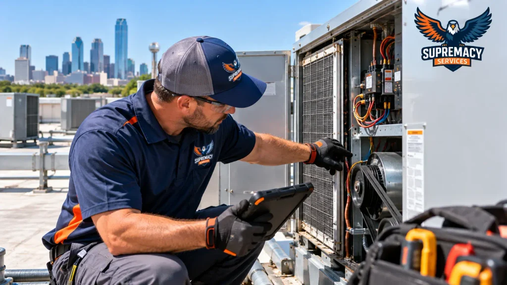 HVAC technician inspecting internal components of a commercial rooftop unit in Dallas