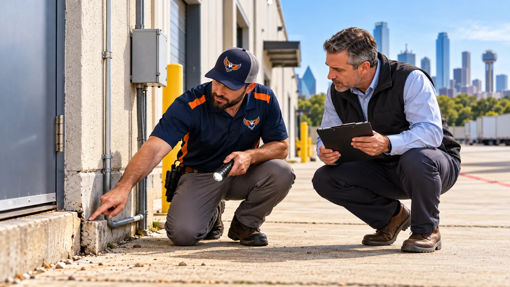 Supremacy Services technician inspecting exterior rodent entry points at a Dallas commercial property