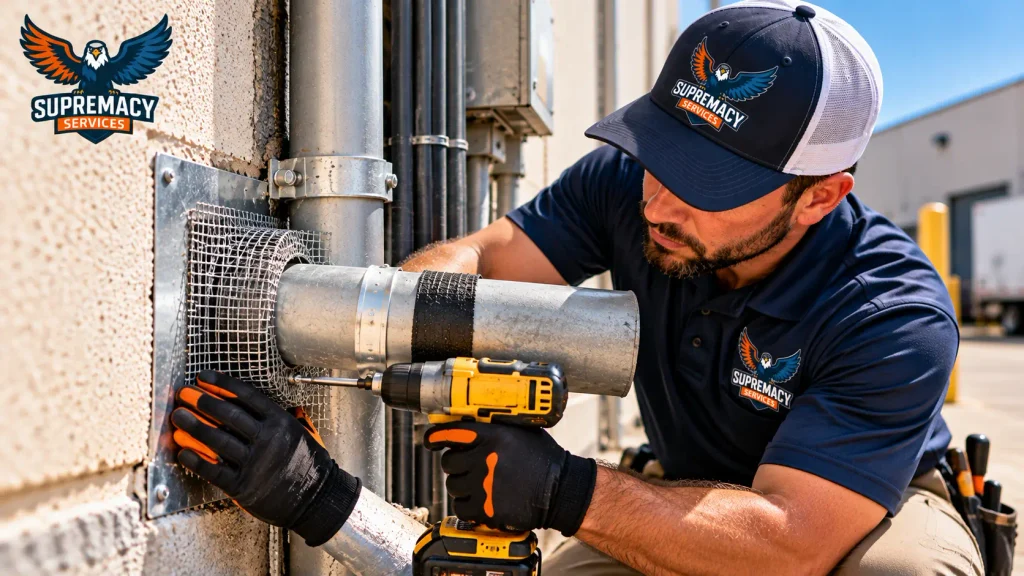 Supremacy technician sealing a commercial pipe penetration with metal mesh and durable exclusion materials