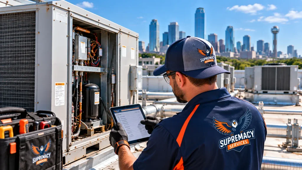 Supremacy Services technician performing a detailed rooftop HVAC condition assessment with a tablet
