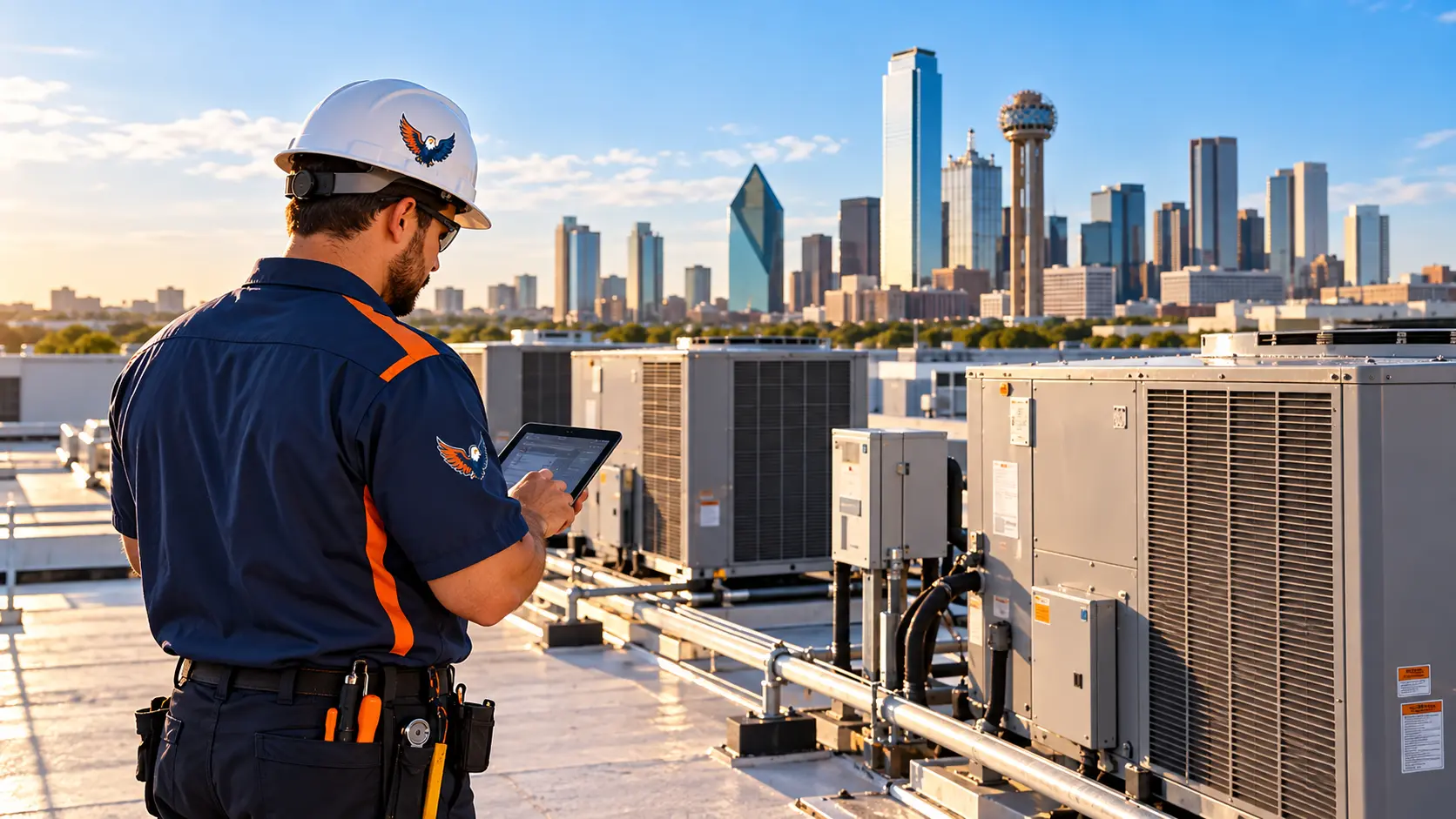 Supremacy Services technician inspecting commercial rooftop HVAC units overlooking the Dallas skyline