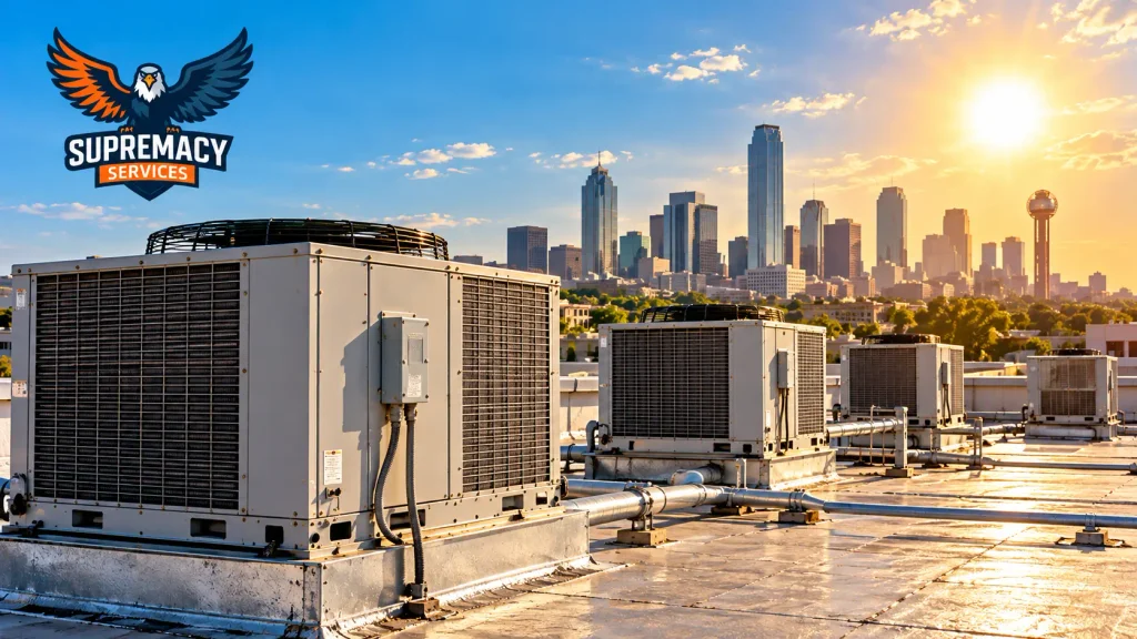 Commercial rooftop HVAC units operating during hot summer conditions in the Dallas area