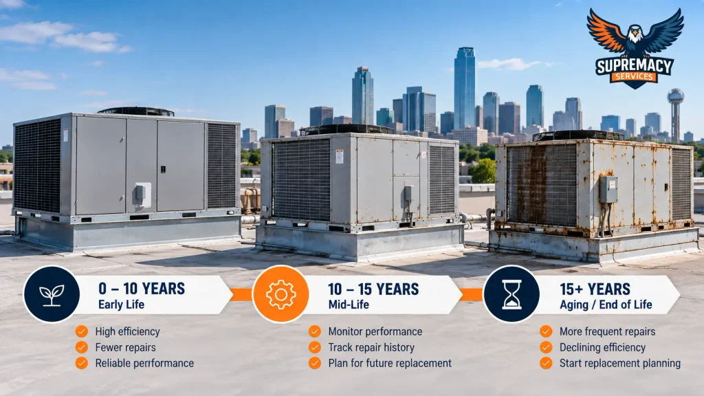 Commercial rooftop HVAC units shown at early life, mid-life and 15-plus years of age