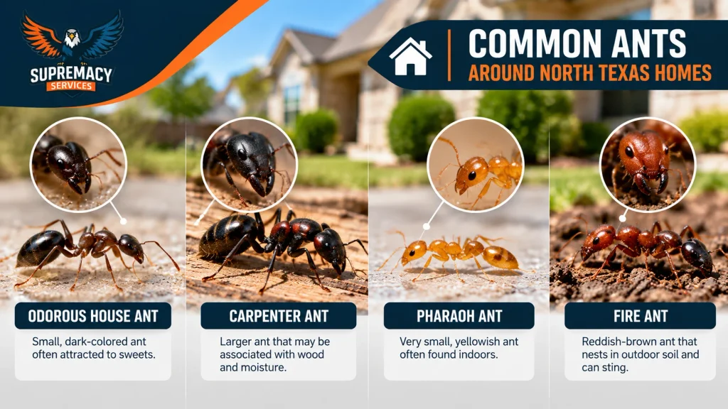Comparison of odorous house ants, carpenter ants, pharaoh ants and fire ants found around North Texas homes