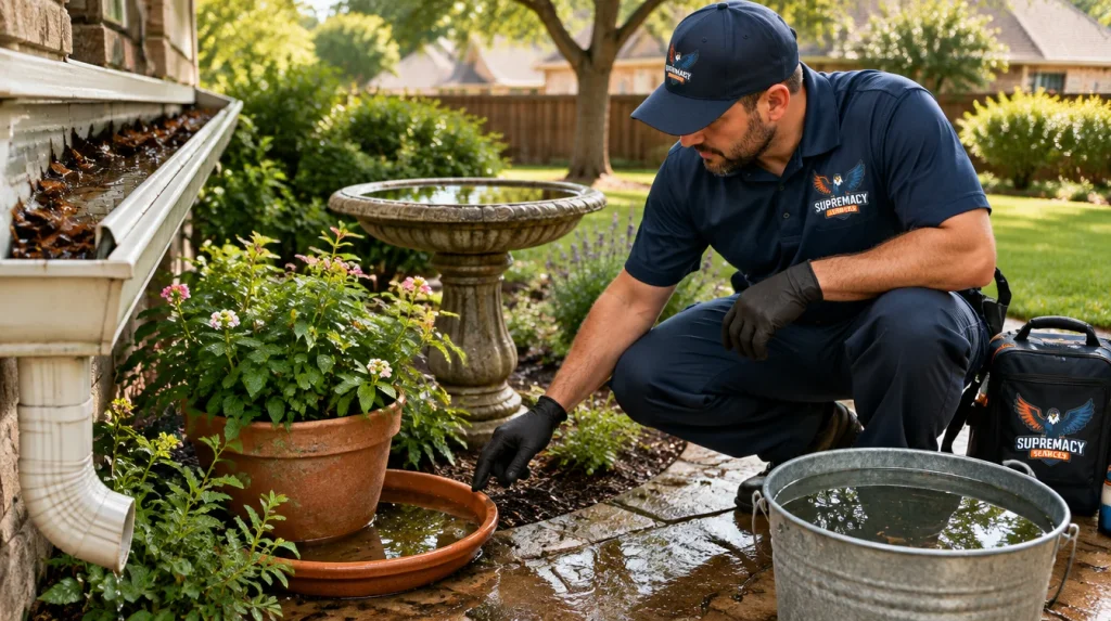 Common mosquito breeding sites including gutters, birdbaths, buckets and plant saucers in a Dallas backyard