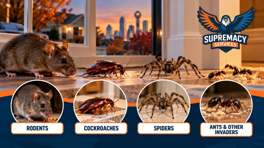 Mouse, cockroach, spider and ants representing common pest problems around North Texas homes during cooler weather.