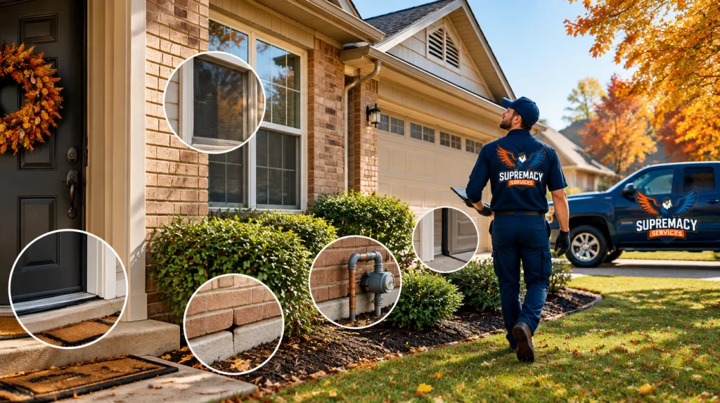 North Texas home exterior showing common pest entry areas around doors, windows, foundation, vents and roofline