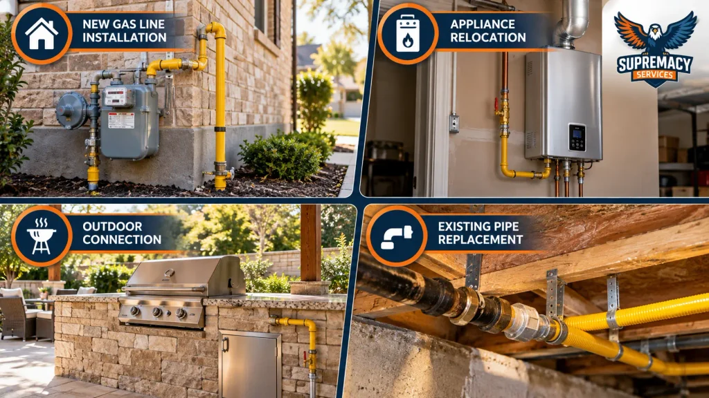 Comparison showing new gas-line installation, appliance relocation, outdoor gas connection and existing pipe replacement.
