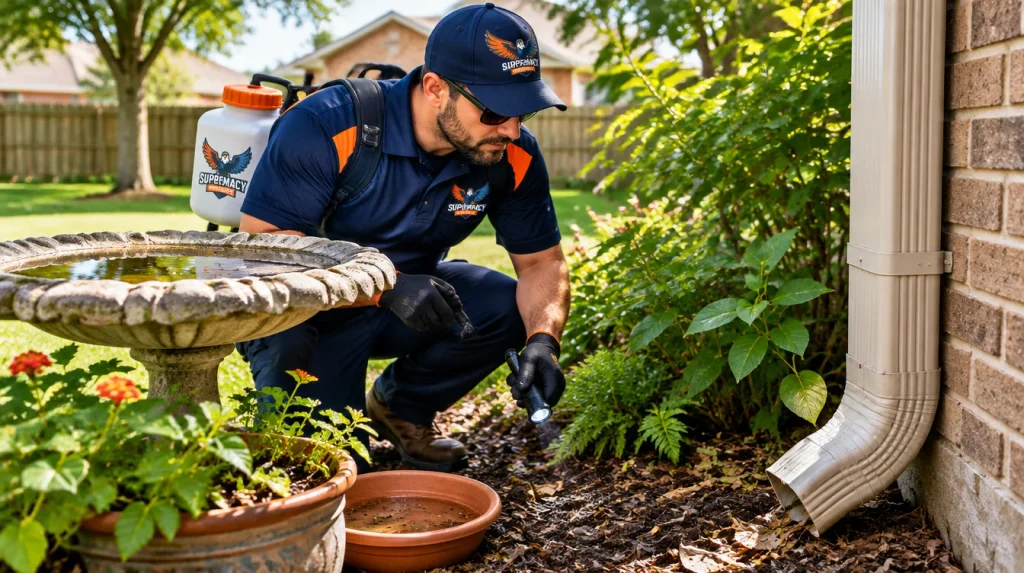 Pest control technician inspecting standing water and mosquito breeding areas in a North Texas backyard