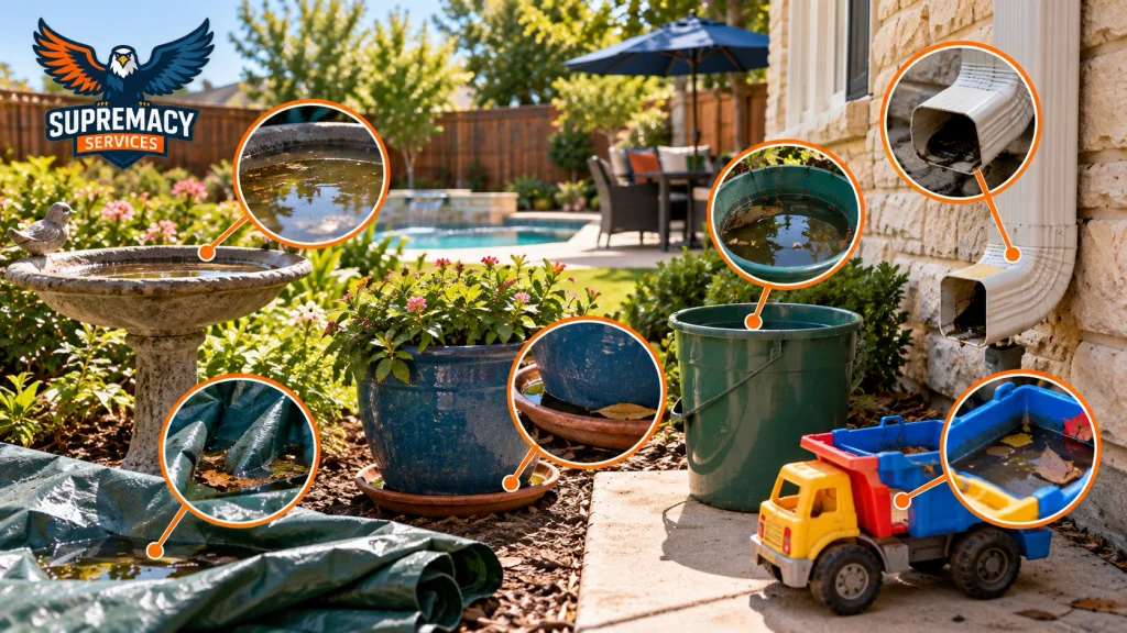 Standing water in a birdbath, planter saucer, bucket, gutter, tarp and outdoor toy around a residential backyard
