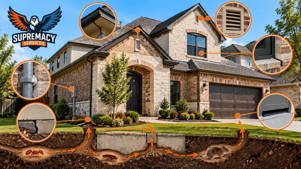 Common pest entry points around the foundation, windows, vents and garage of a North Texas home
