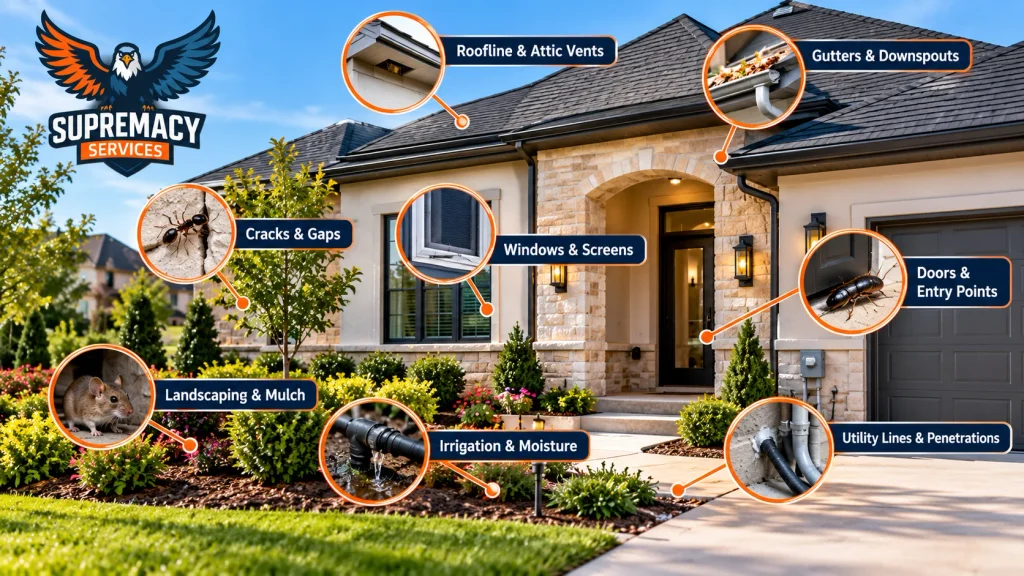 Common pest entry points around a home including roof vents, windows, doors, landscaping and utility penetrations