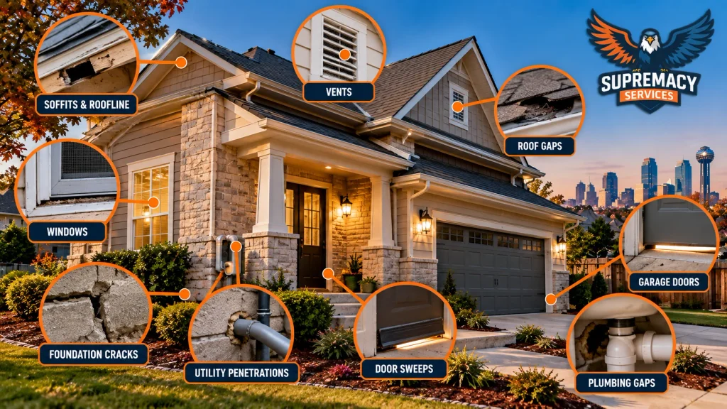Dallas-area home showing pest entry points around soffits, roof gaps, vents, windows, doors, foundation and utility lines.