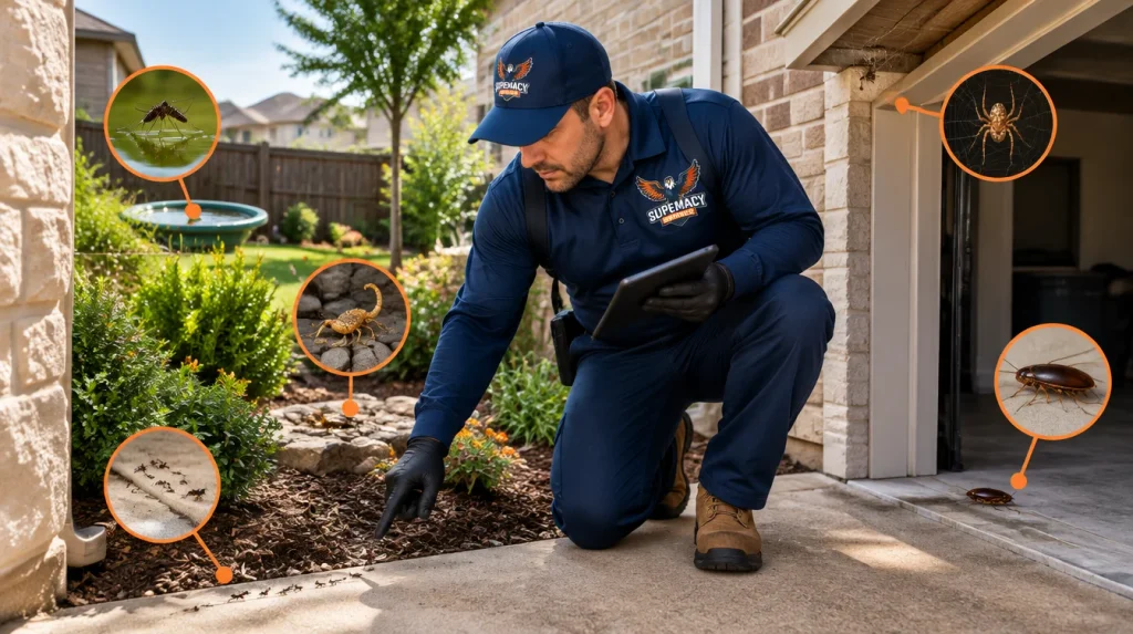 Common North Texas pests including ants, cockroaches, spiders, scorpions and mosquitoes around a home