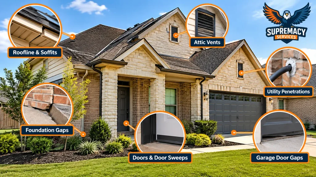 Dallas-area house showing common rodent entry points including rooflines, attic vents, utility gaps, foundations and garage doors