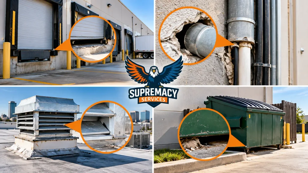 Common commercial rodent entry points at loading doors, utility penetrations, rooftop vents and waste areas