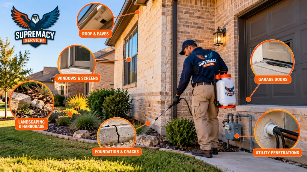 Exterior areas of a DFW home inspected for scorpions, including foundations, windows, landscaping, garage doors and utility openings
