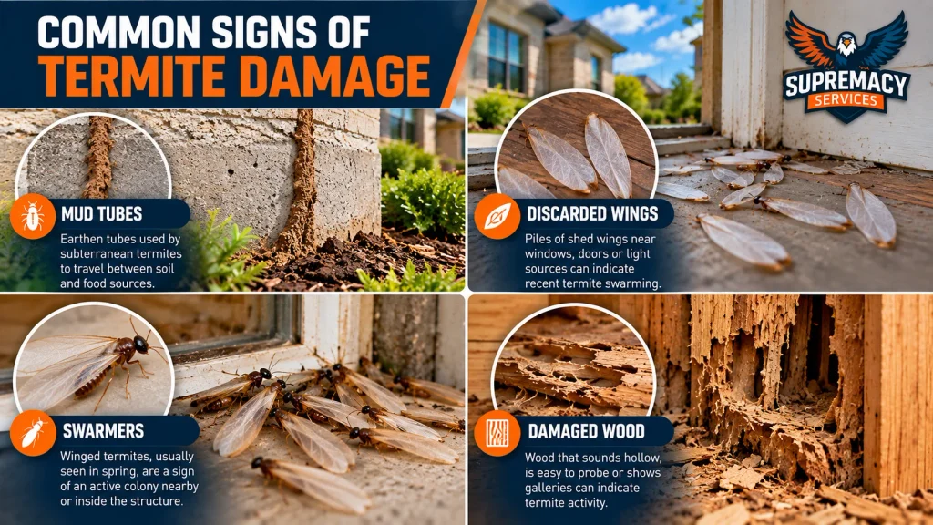 Mud tubes, discarded termite wings, swarmers and damaged wood around a North Texas home