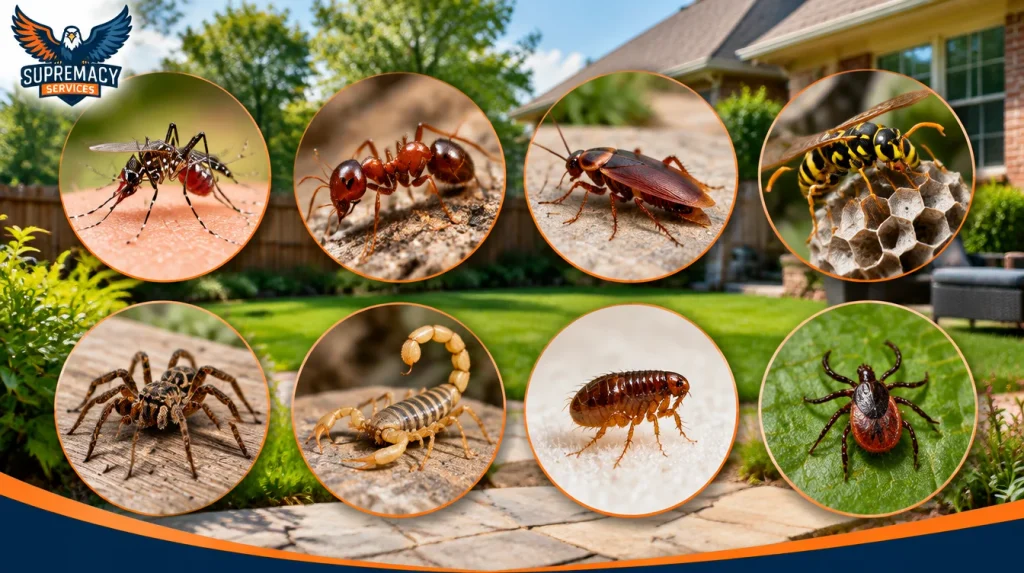 Visual guide showing common summer pests found around Dallas-Fort Worth homes