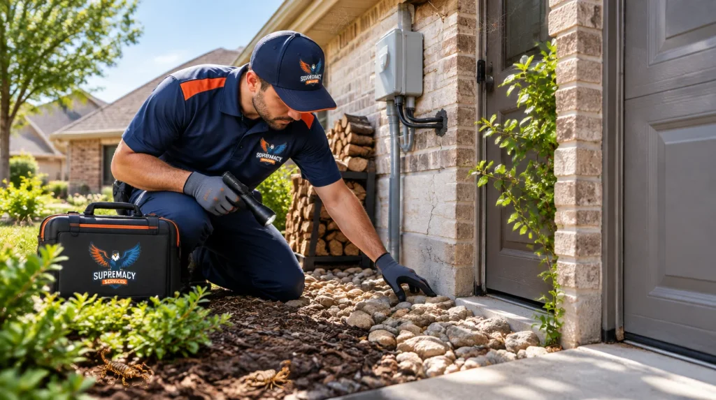 Pest control technician inspecting doors, foundation gaps, utility openings and landscaping around a Dallas-Fort Worth home