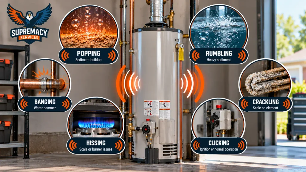 Infographic comparing popping, rumbling, banging, hissing, crackling and clicking water heater noises