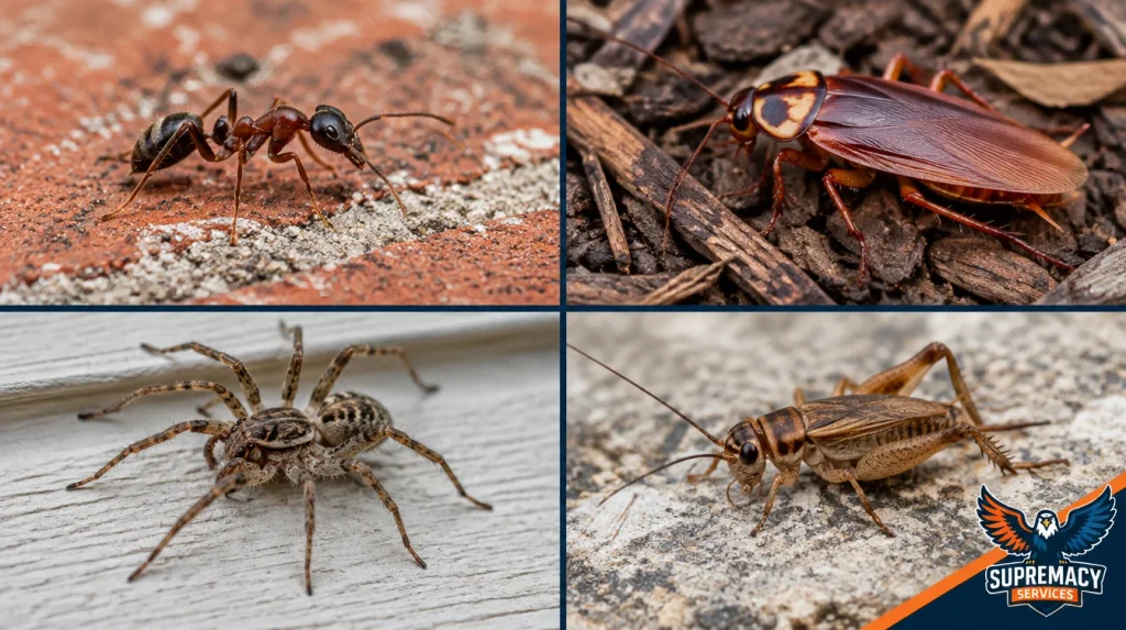 Close-up comparison of ants, American cockroaches, house spiders, and crickets commonly found around North Texas homes.