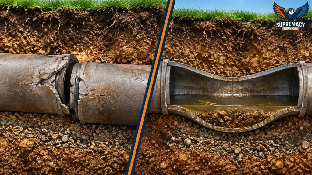 Underground sewer pipe comparison showing a cracked pipe joint and a sagging sewer belly where wastewater and sediment collect.