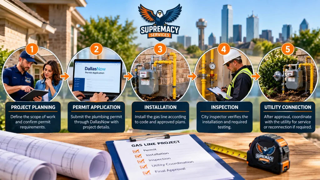 Five-step gas-line project workflow showing planning, permit application, installation, inspection and utility coordination.