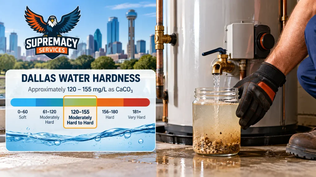 Dallas water hardness graphic showing approximately 120 to 155 mg/L as calcium carbonate beside water heater sediment
