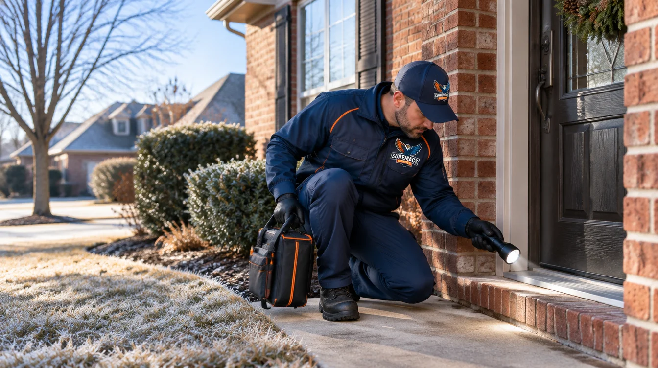 Supremacy Services pest control technician inspecting the exterior of a Dallas home during winter.