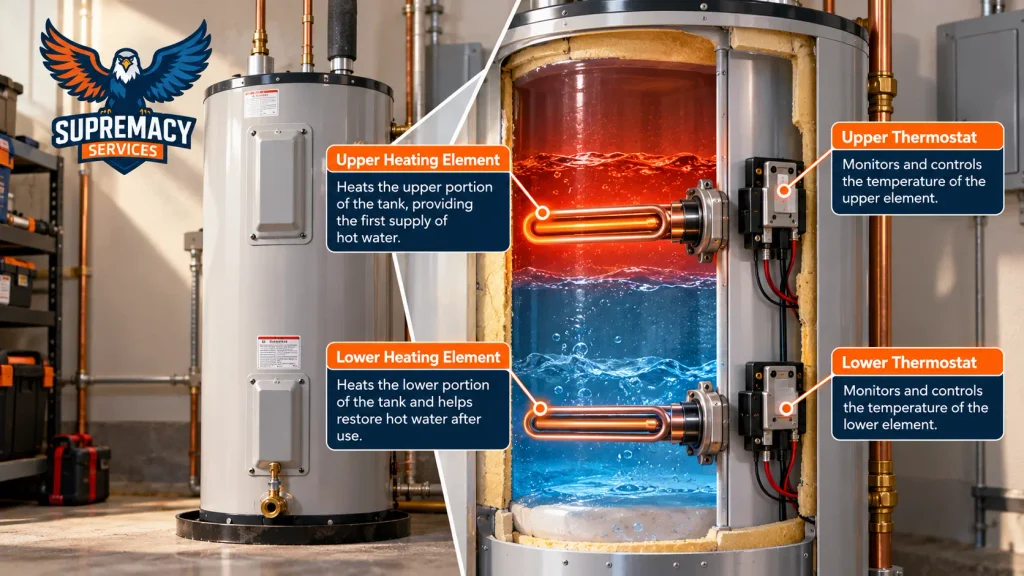 Cutaway electric water heater showing upper and lower heating elements and thermostats