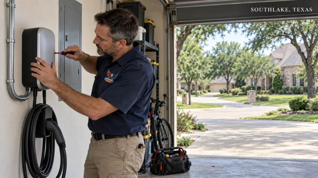 Southlake, Texas — a Supremacy electrician installing a home EV charger, with natural lighting, subtle uniform branding, and leafy residential surroundings inspired by your reference. “SOUTHLAKE, TEXAS”