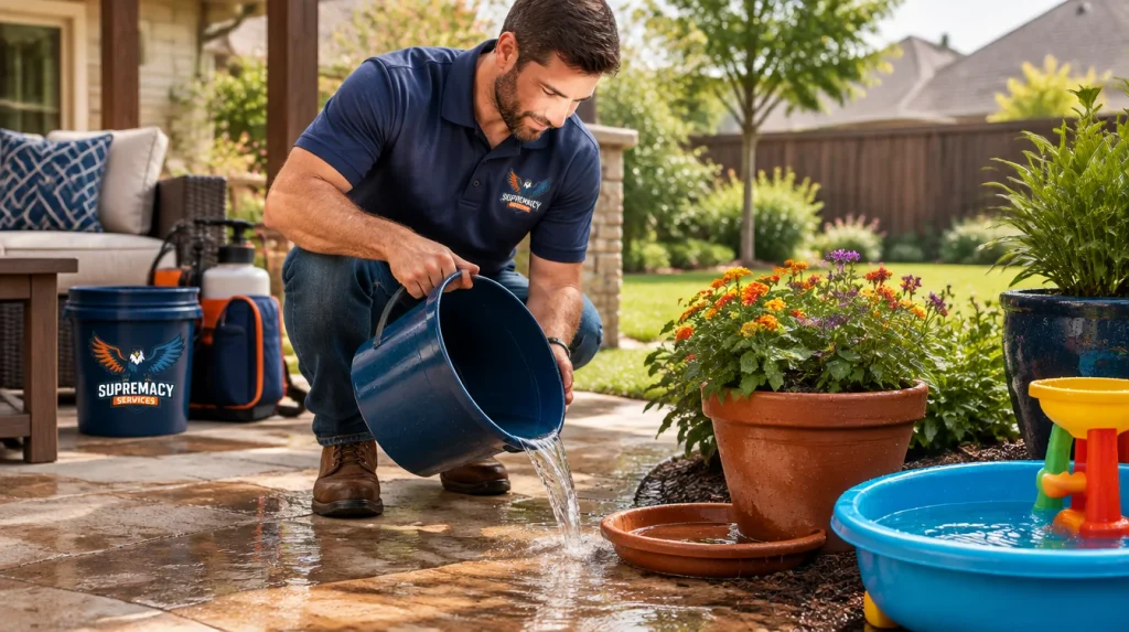 Homeowner removing standing water from containers to prevent mosquitoes in a North Texas backyard
